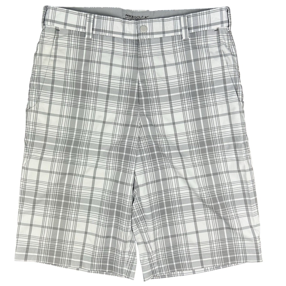 Nike Golf Dri-FIT Plaid Shorts Mens 32 Grey White Flat Front Athletic Sport